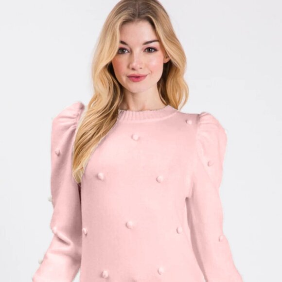 Aaron & Amber Light Pink Puff Sleeve Pom Pom Pullover Sweater (size M) - Picture 2 of 11